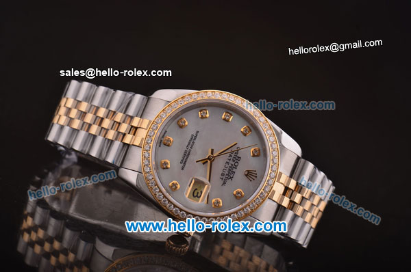 Rolex Datejust Swiss ETA 2836 Automatic Diamond Bezel with White MOP Dial and 18K Gold Strap - 1:1 Original - Click Image to Close